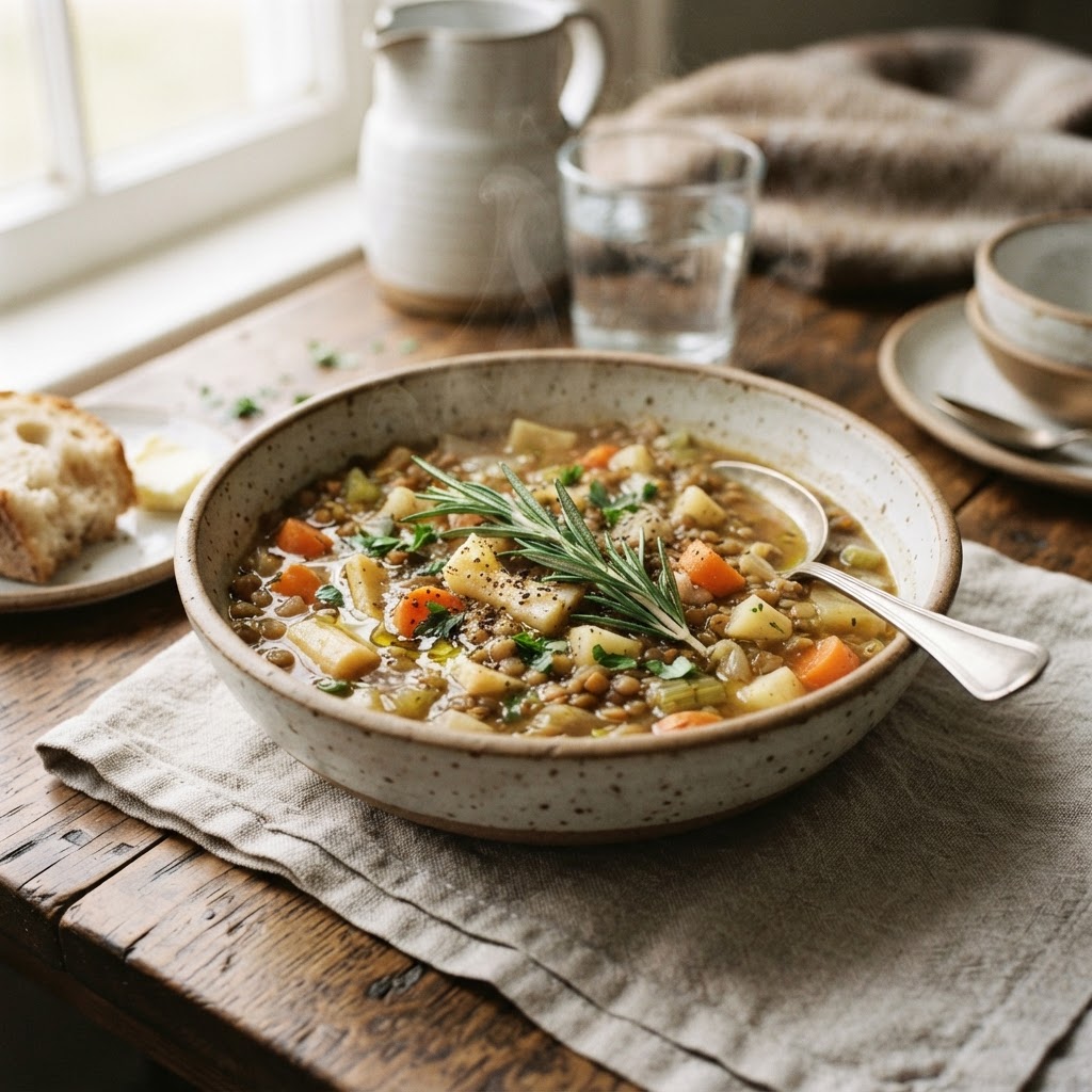 Rustic Brown Lentil & Root Vegetable Soup