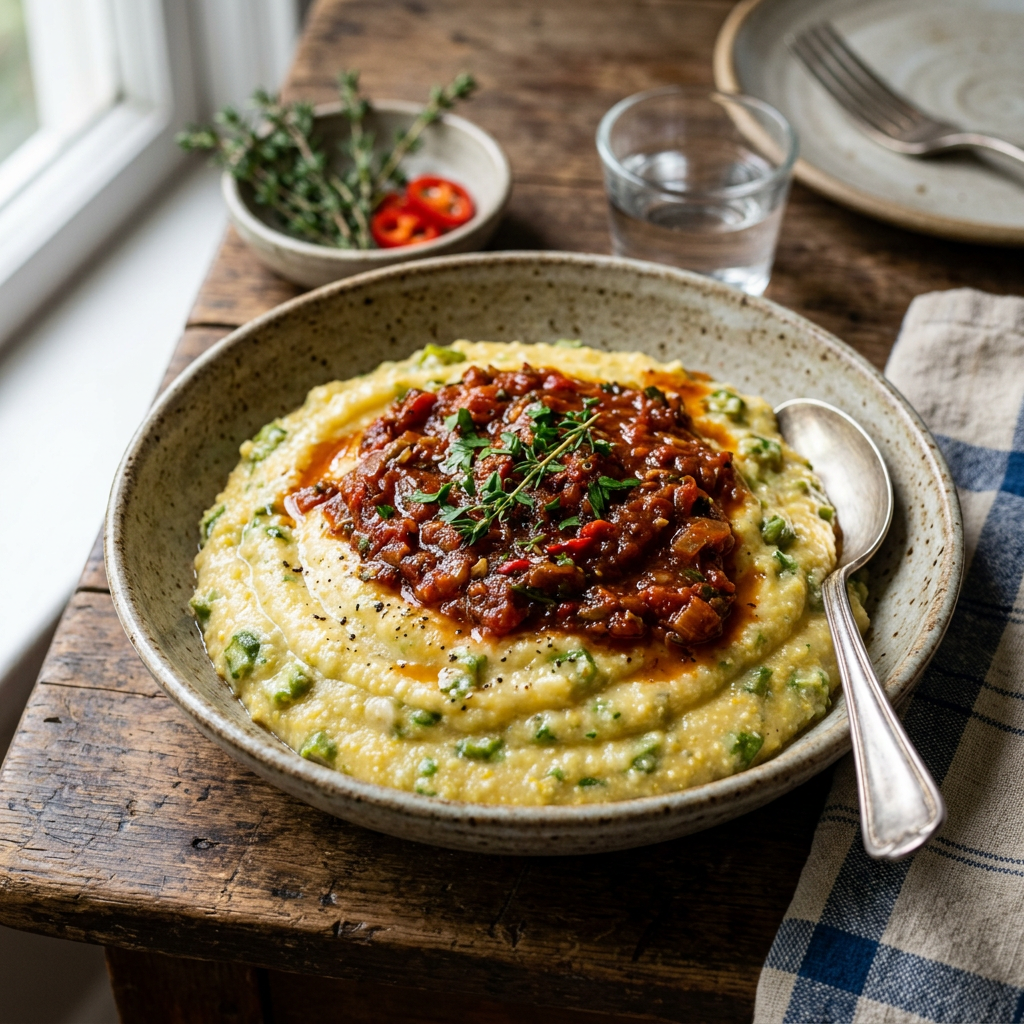 Barbadian Cou-Cou with Okra & Spiced Tomato Sauce