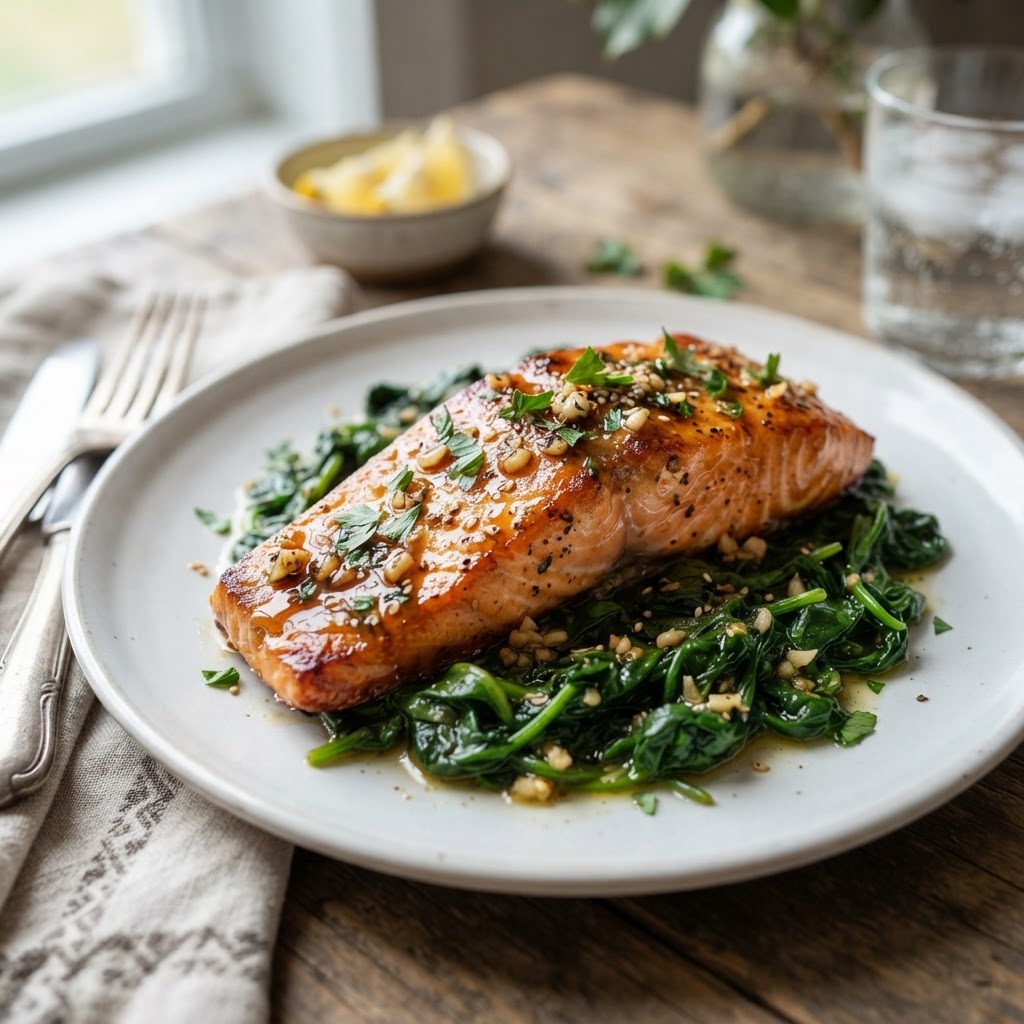 Pan-Seared Honey Garlic Salmon with Wilted Spinach