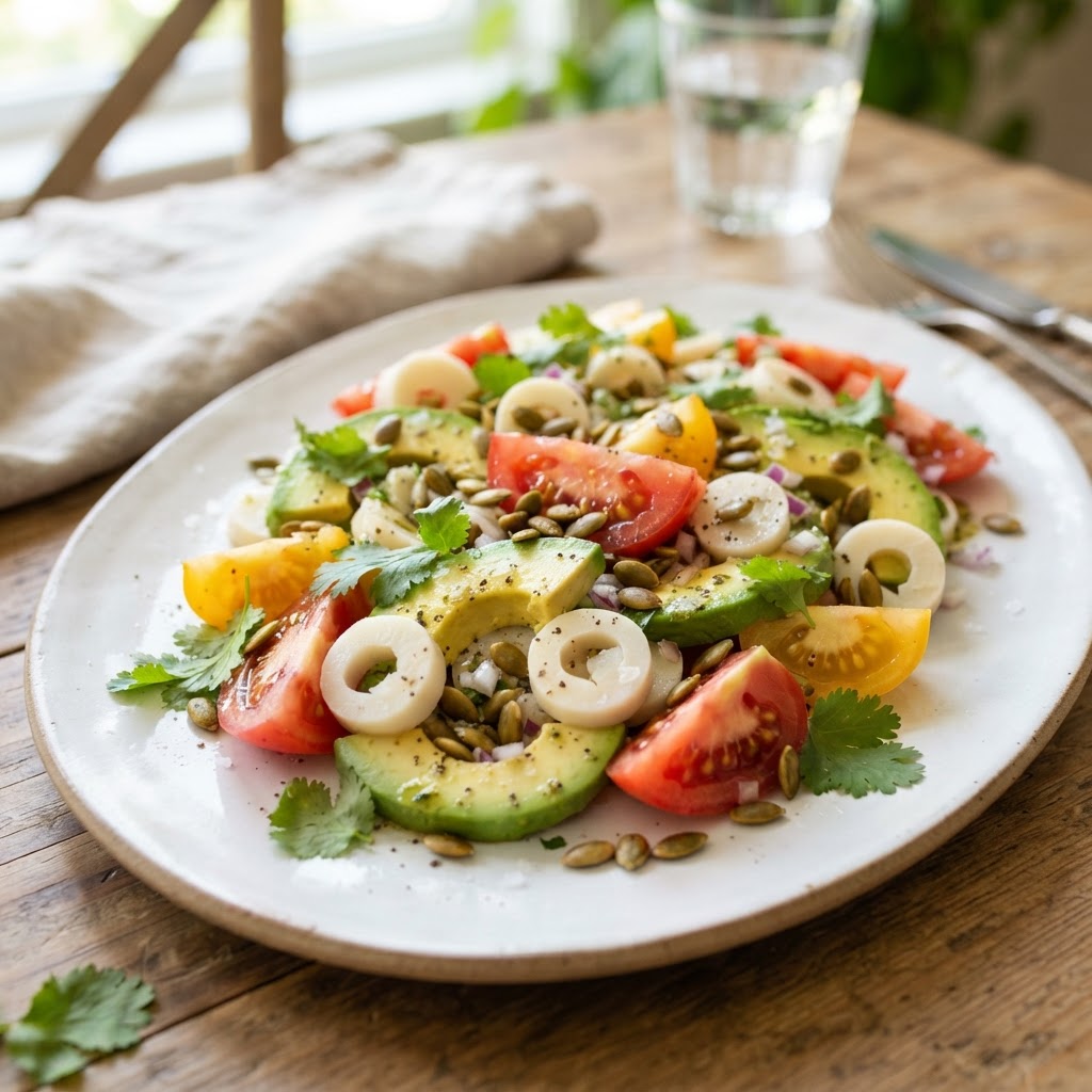 Latinx Avocado, Hearts of Palm & Heirloom Tomato Salad with Pepita Crunch