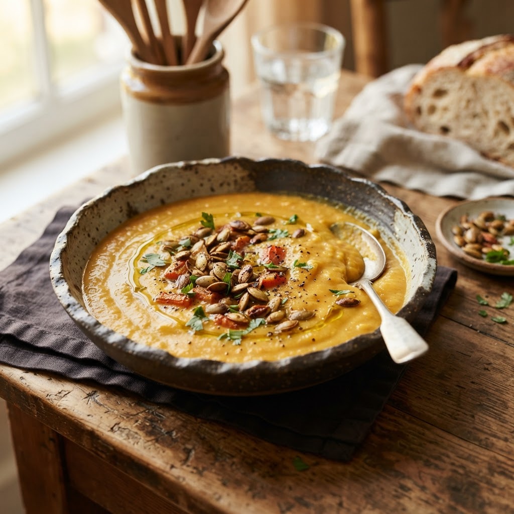 Creamy Red Lentil & Roasted Carrot Soup with Pumpkin Seeds