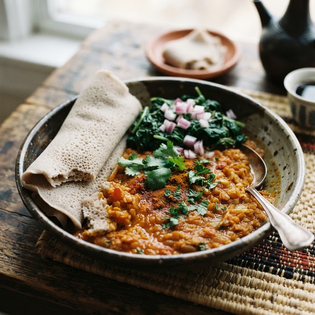 Ethiopian Red Lentil Misir Wot Stew Bowl with Injera Strips & Spiced Spinach