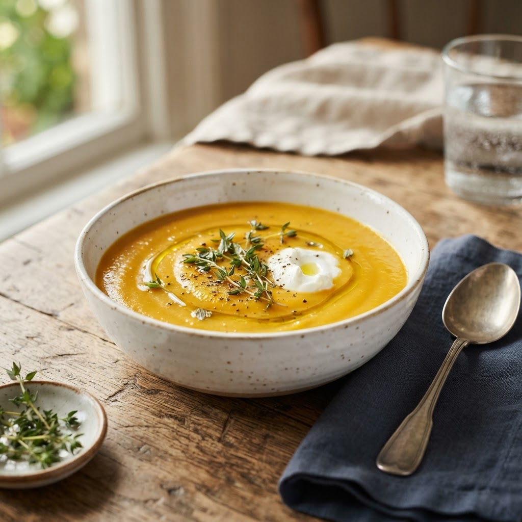 Golden Roasted Carrot, Thyme & Ginger Soup