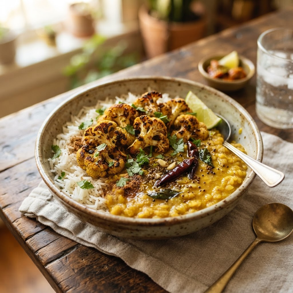 Indian Dal Tadka Rice Bowl with Spiced Tempered Ghee & Roasted Cauliflower
