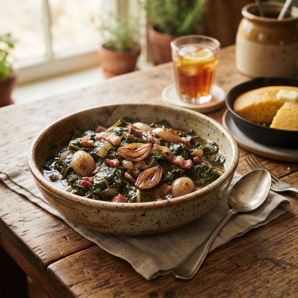 Southern Turnip Greens with Pot Likker & Caramelized Shallots