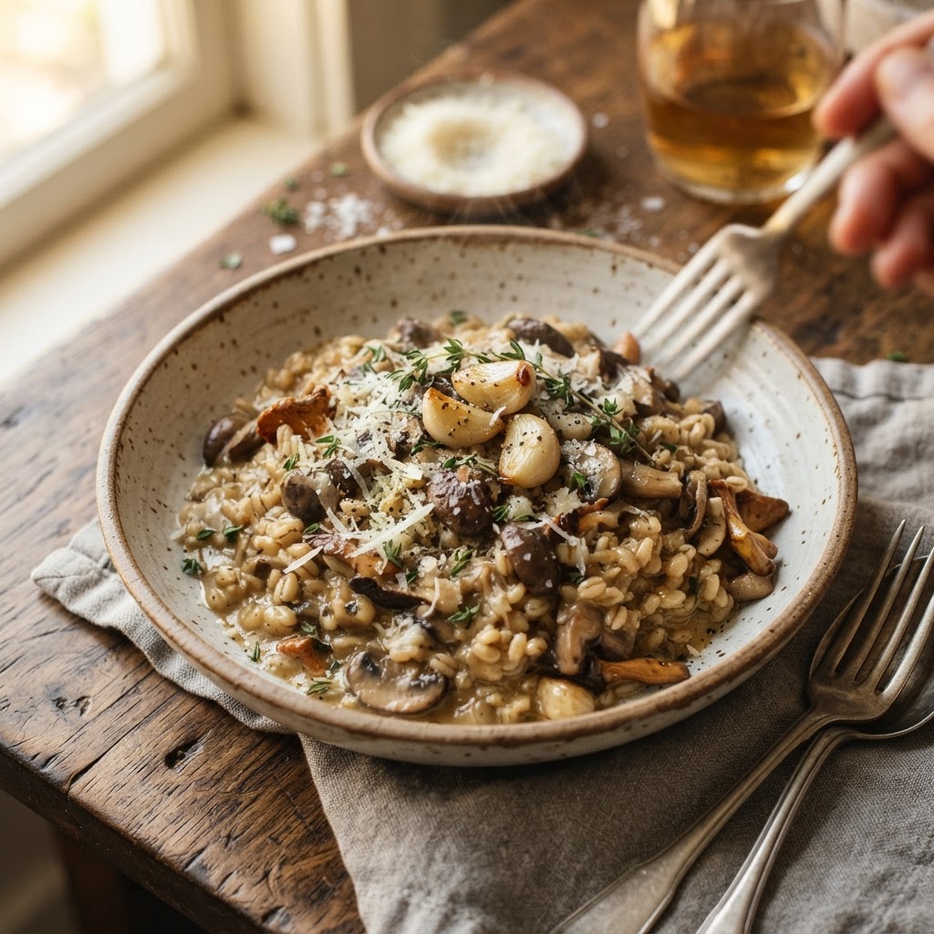 Creamy Wild Mushroom & Roasted Garlic Barley Grain Bowl