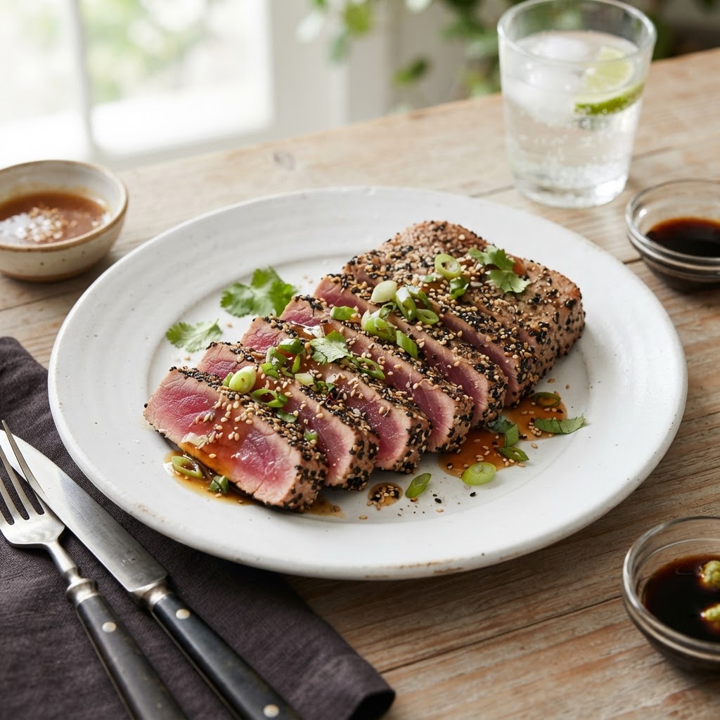 Pan-Seared Ahi Tuna Steaks with Sesame Crust & Ginger Glaze
