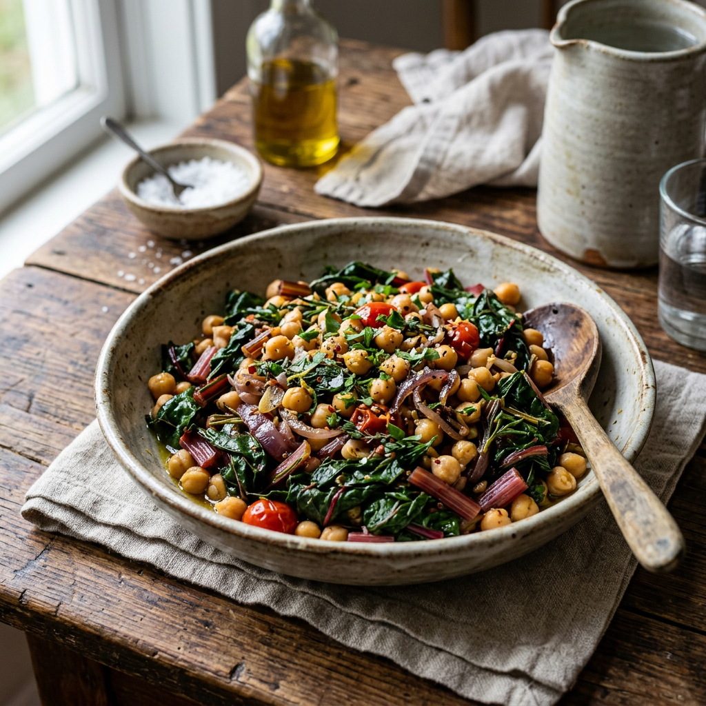 Warm Garlic-Ginger Swiss Chard and Chickpea Skillet