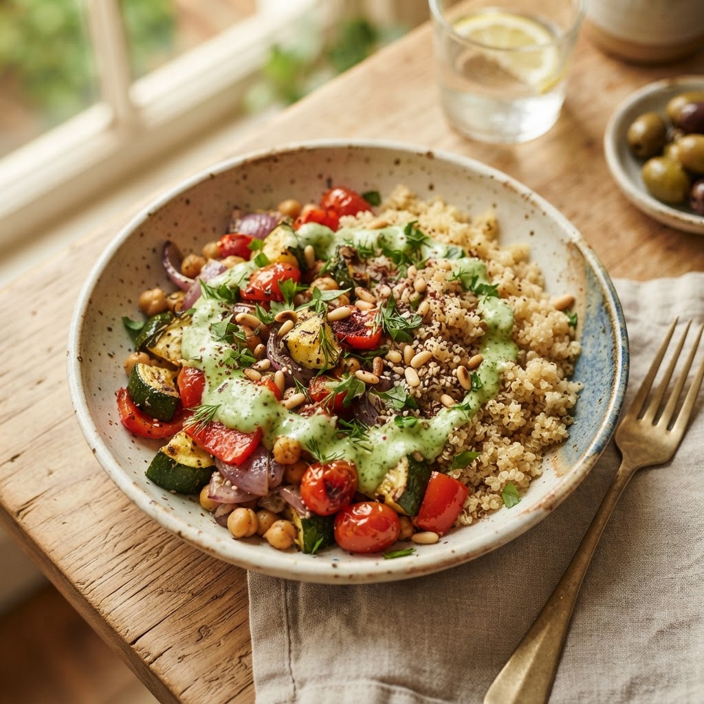 Mediterranean Roasted Vegetable & Warm Quinoa Grain Bowl with Green Tahini