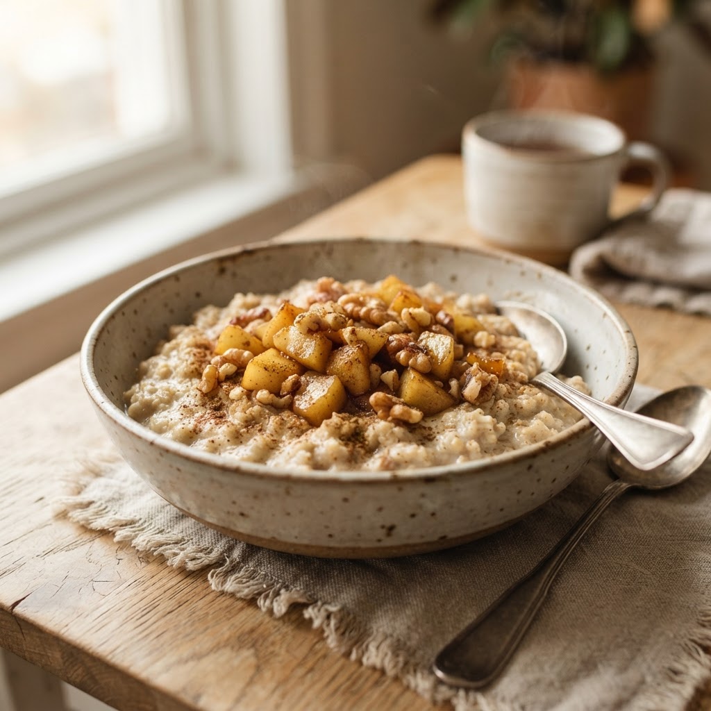Classic Oatmeal Porridge Bowl with Warm Cardamom Spiced Apples & Walnuts