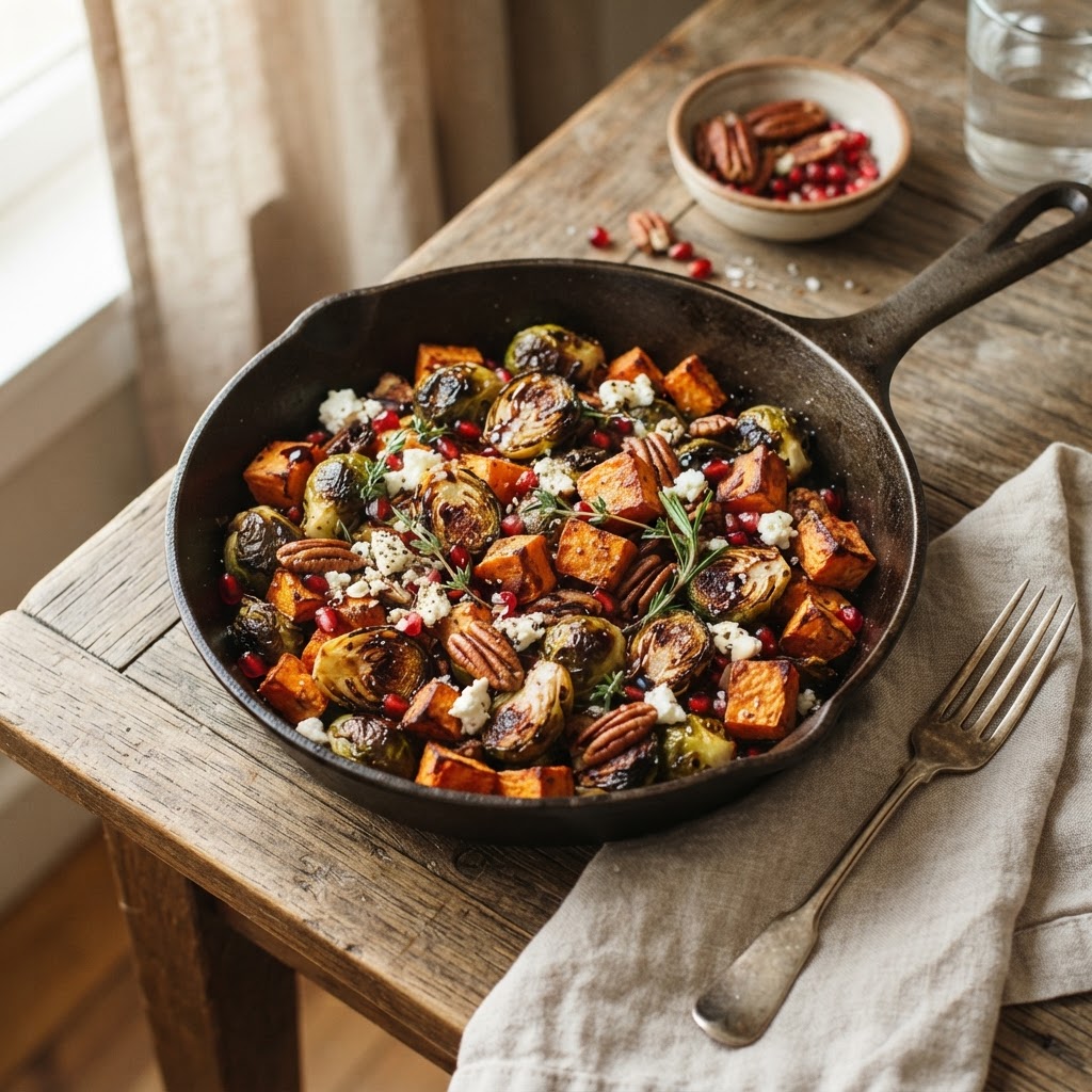 Garlic-Roasted Brussels Sprouts and Sweet Potatoes
