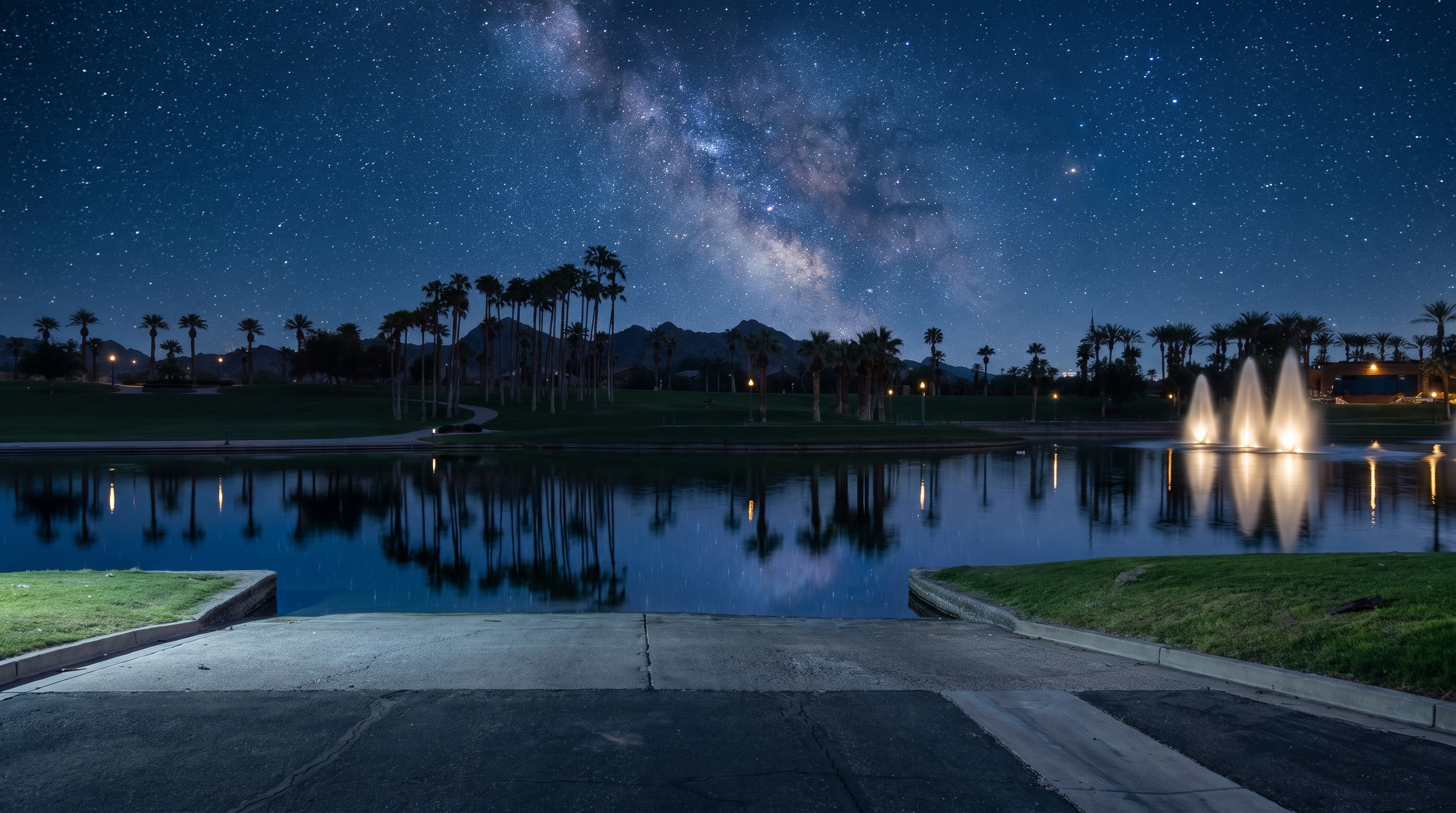 Palm trees and lake beneath the Arizona night sky