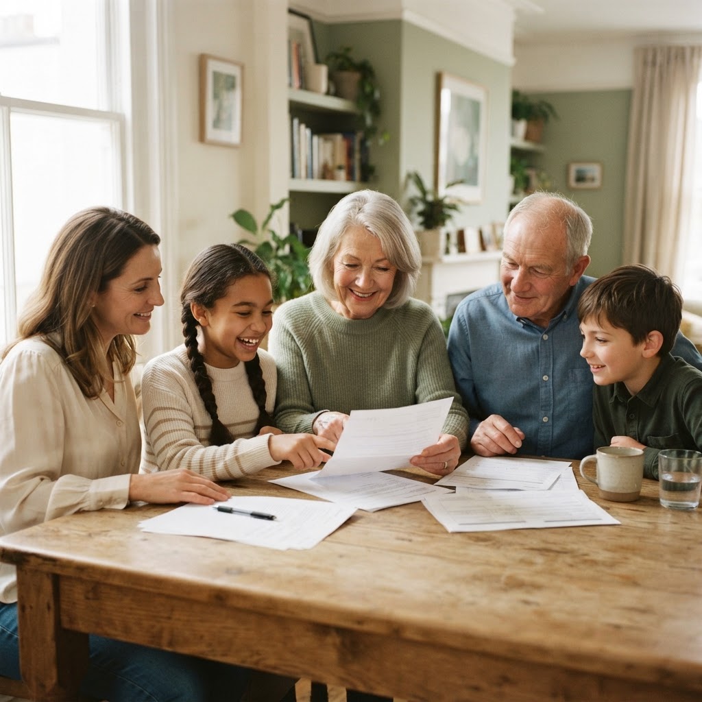 A family reviewing important documents together