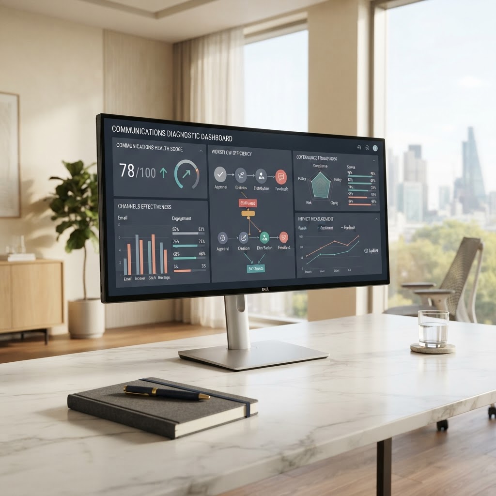 A communications diagnostic dashboard displayed on a monitor in a bright, empty office