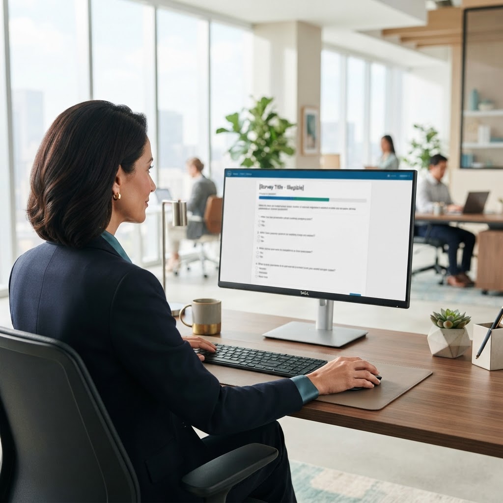 A communications leader completing an online research survey on a desktop monitor in a bright office