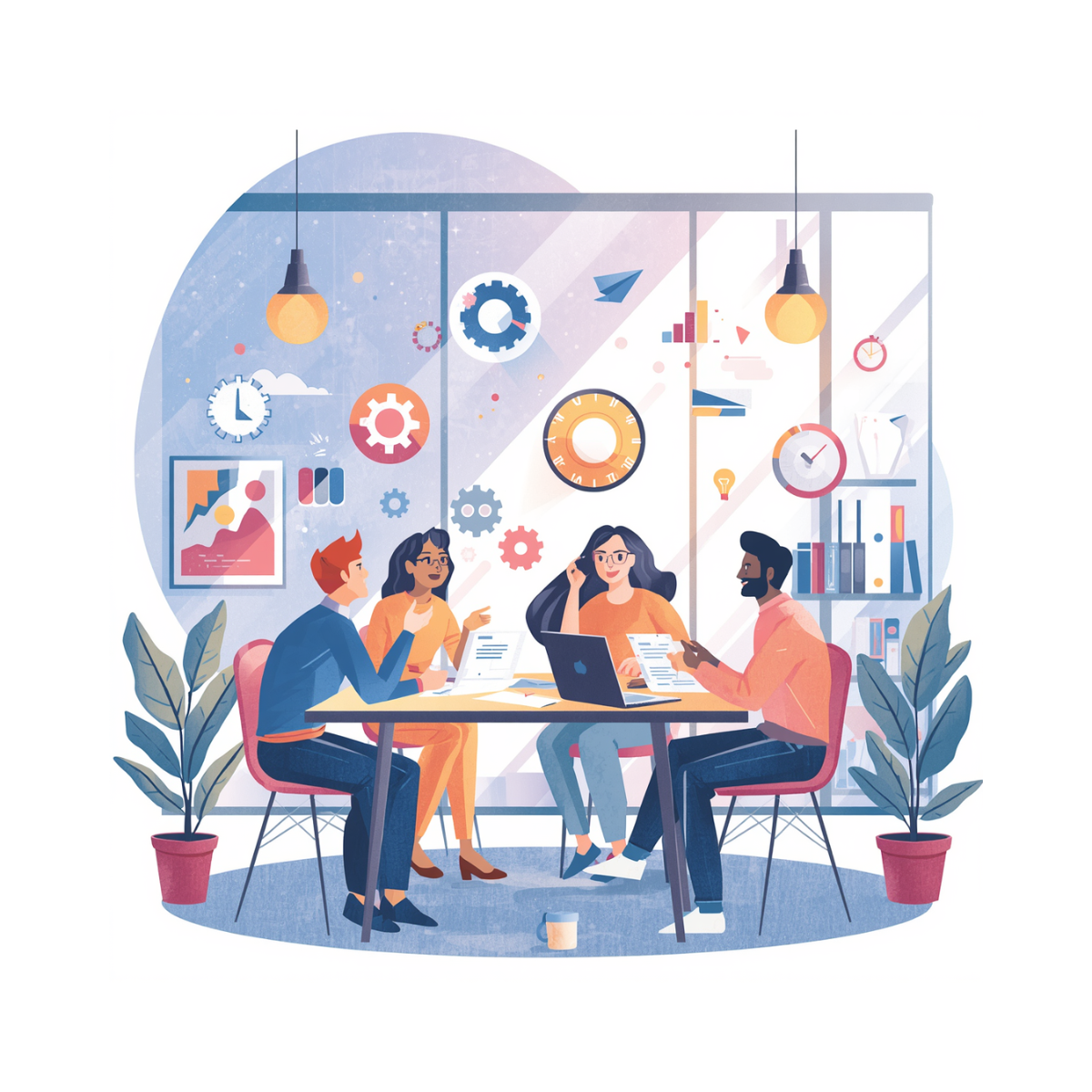 A team collaborating in a modern office meeting room on change communications