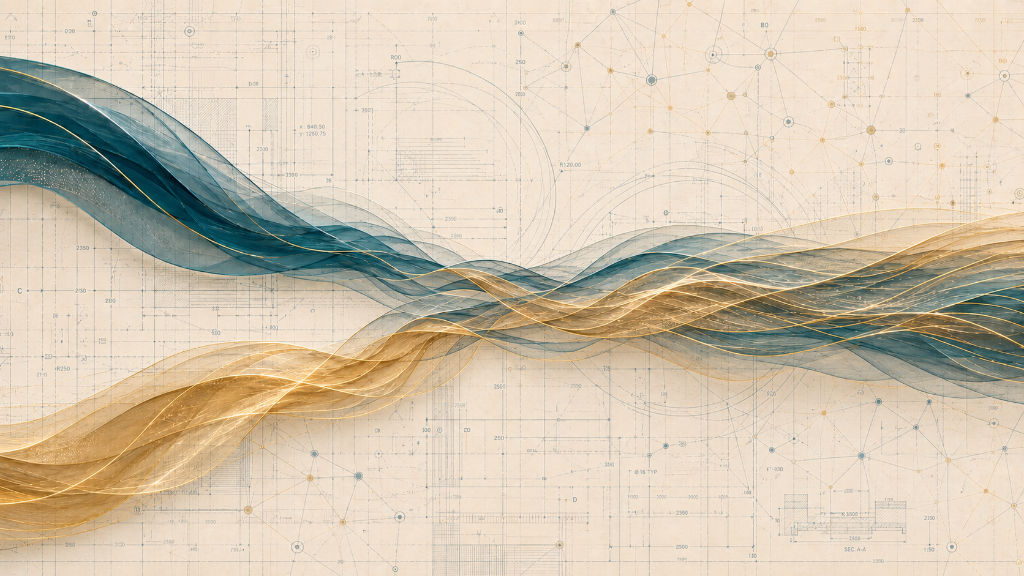 Flowing teal and amber ribbons woven across a technical blueprint, representing designing and planning a thriving partnership.