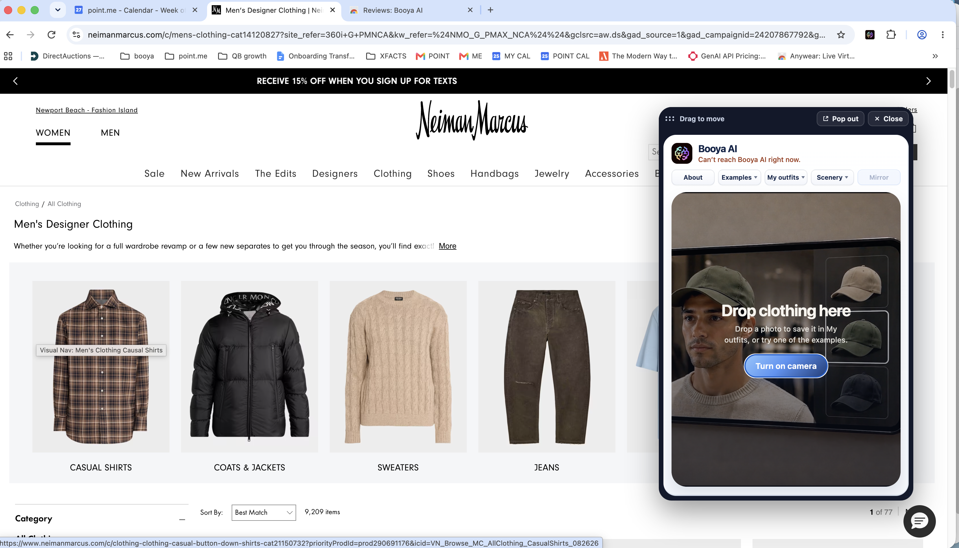 Booya AI try-on panel alongside a Neiman Marcus storefront