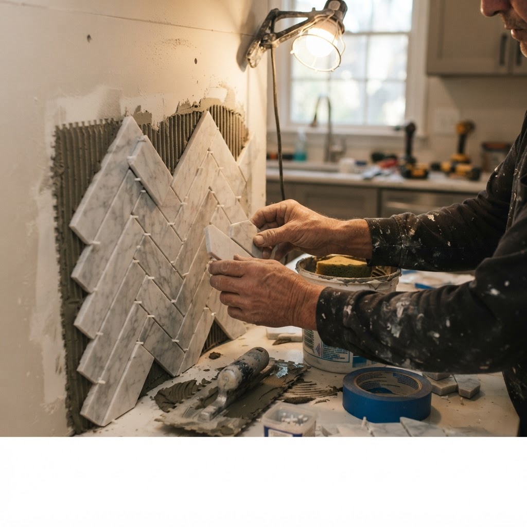 Tile setter laying a herringbone marble backsplash with a notched trowel in an Atlanta kitchen