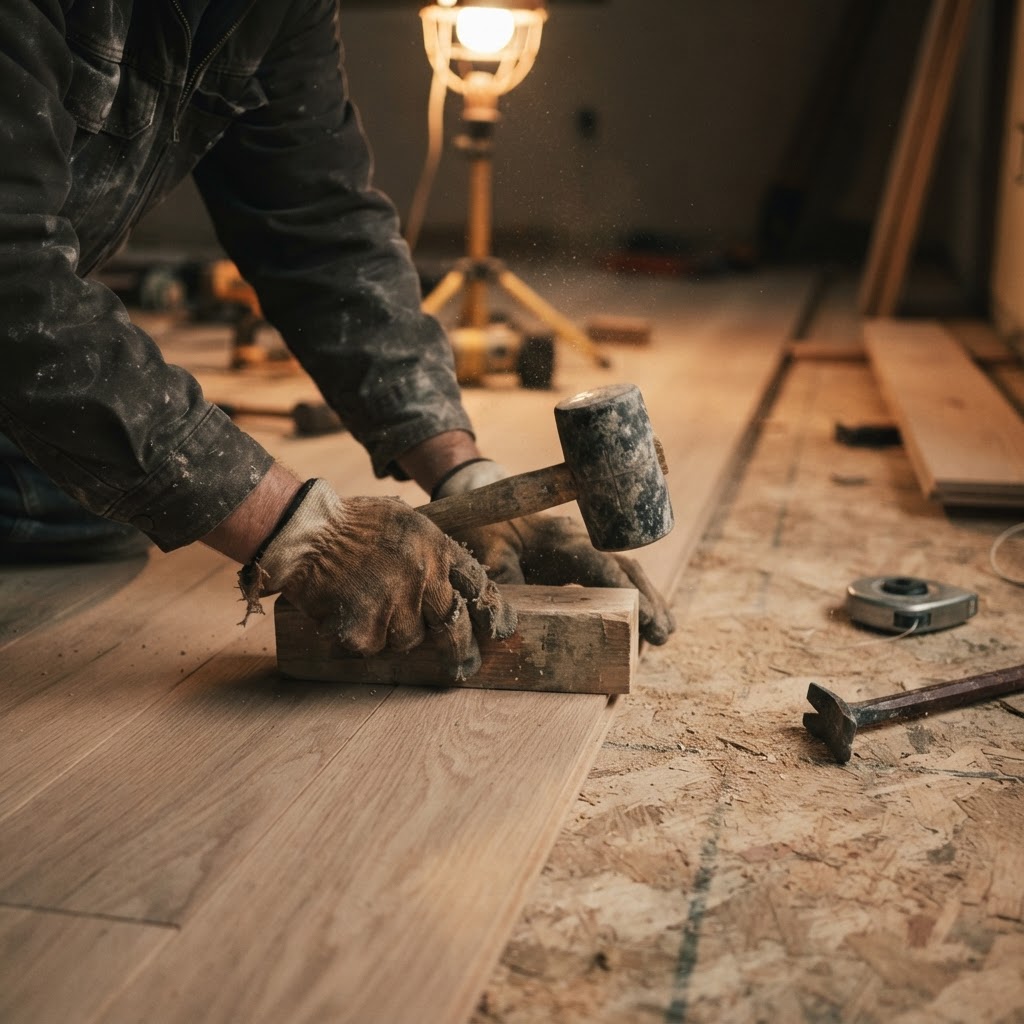 Flooring installer pressing tongue-and-groove white oak planks together with a tapping block