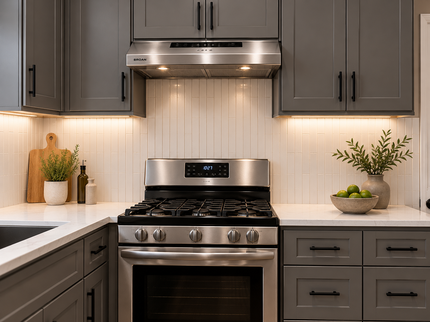 Finished charcoal grey shaker cabinets with matte black hardware in an Atlanta kitchen remodel