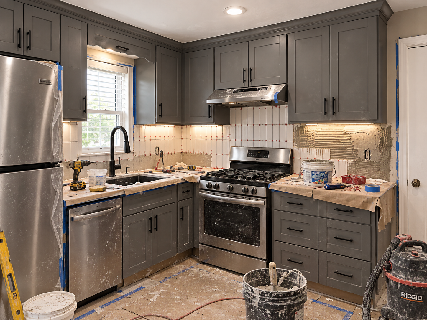 Kitchen backsplash installation in progress during an Atlanta renovation, with thin-set and tile spacers