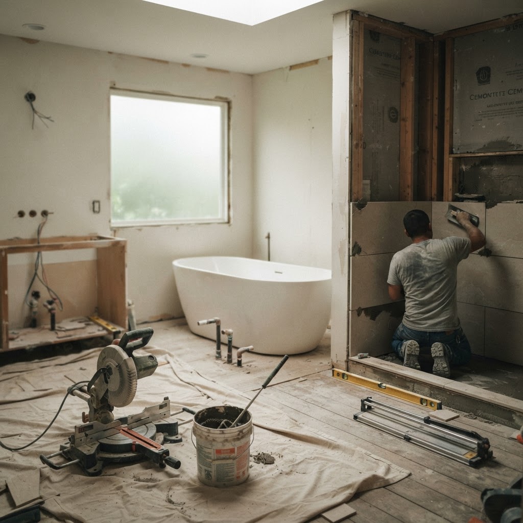 Gutted Atlanta bathroom mid-renovation with a freestanding tub and a tile installer in the shower alcove