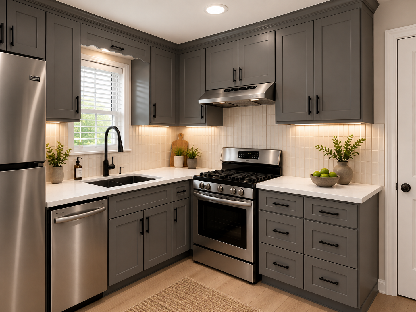 Finished Atlanta kitchen remodel with graphite cabinets, light countertops, tile backsplash and black faucet
