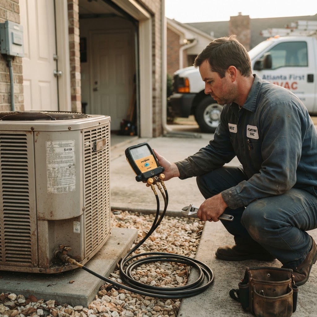 HVAC technician crouched beside a residential outdoor condenser with a manifold gauge set during an Atlanta service call