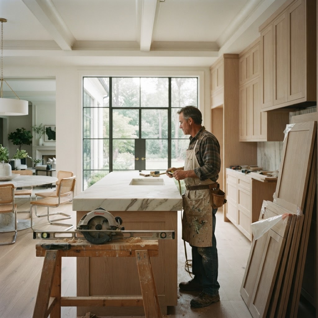 Remodeler standing in a half-finished Atlanta kitchen with new white oak cabinets and a marble slab