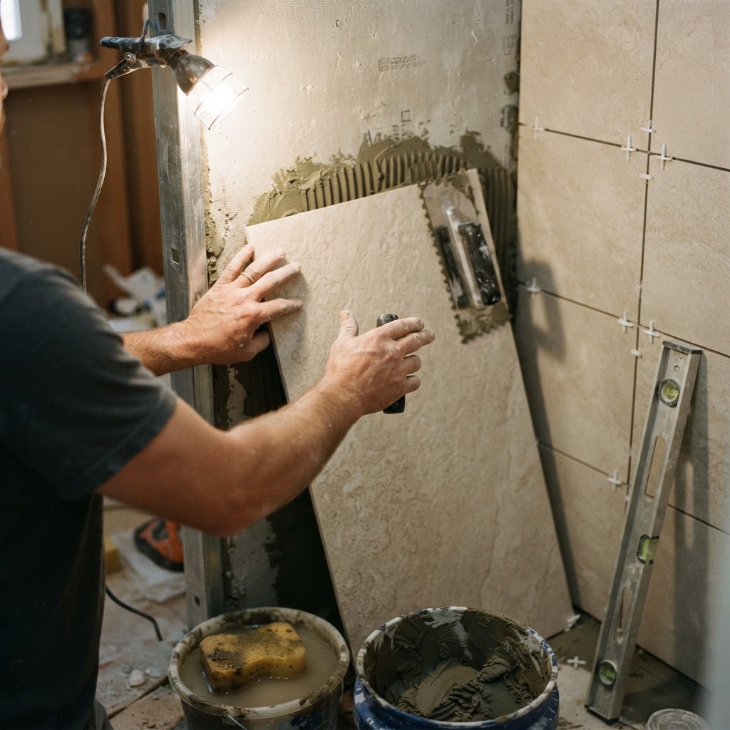 Tile installer setting a large-format porcelain tile onto a shower wall with a notched trowel