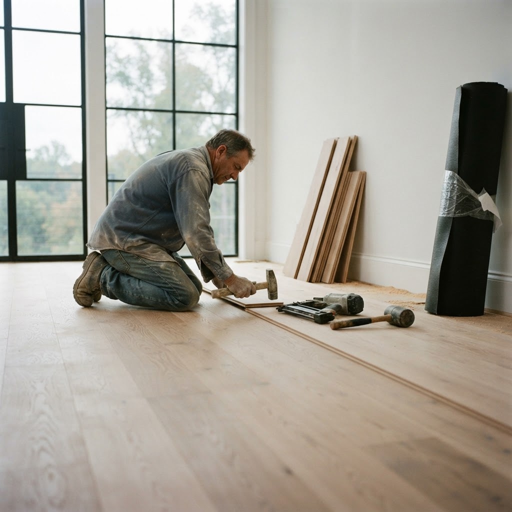 Flooring installer kneeling on a just-finished white oak hardwood floor in an Atlanta living room