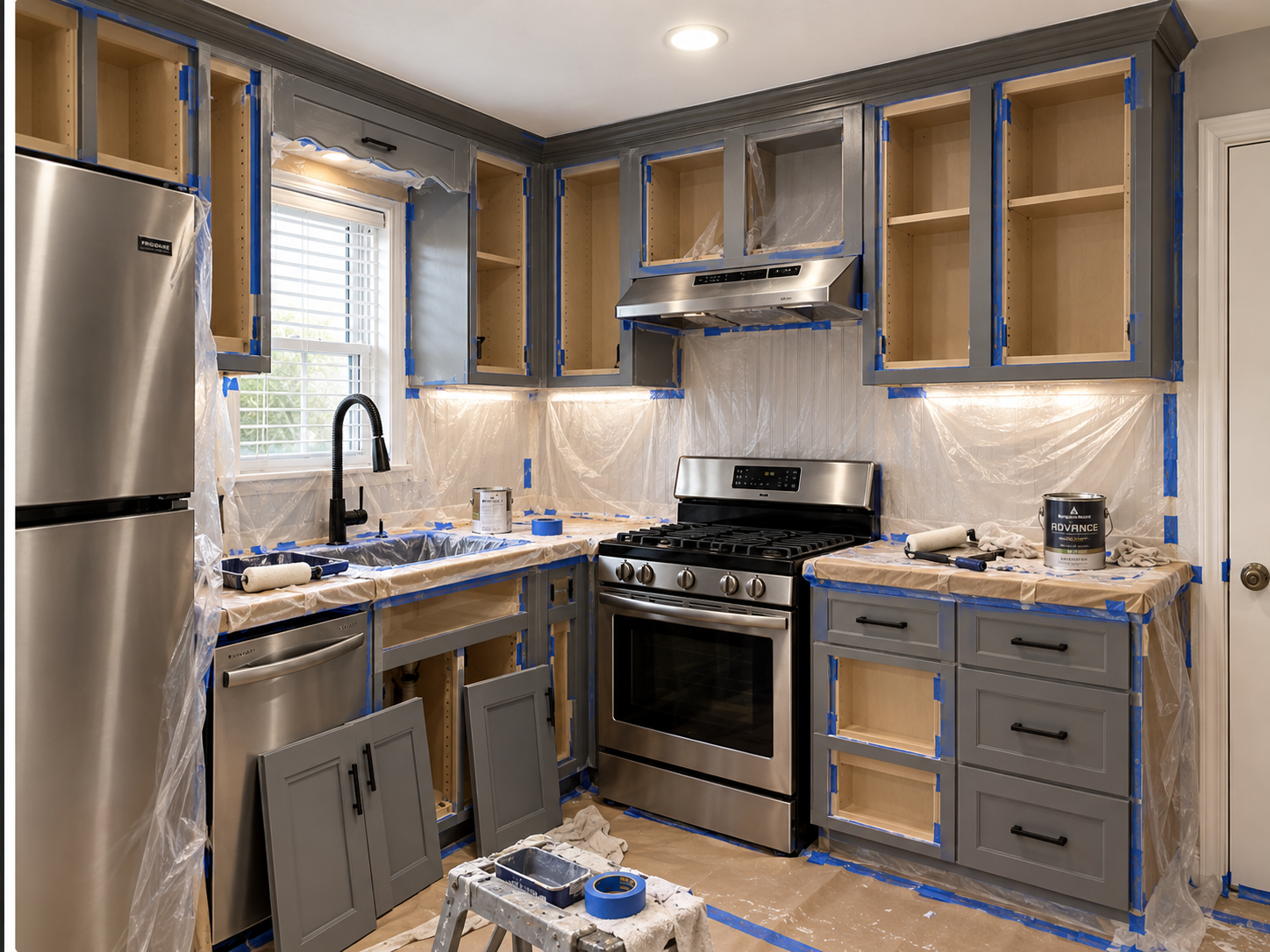 Close-up of removed cabinet doors fitted with new matte black pulls during an Atlanta kitchen remodel