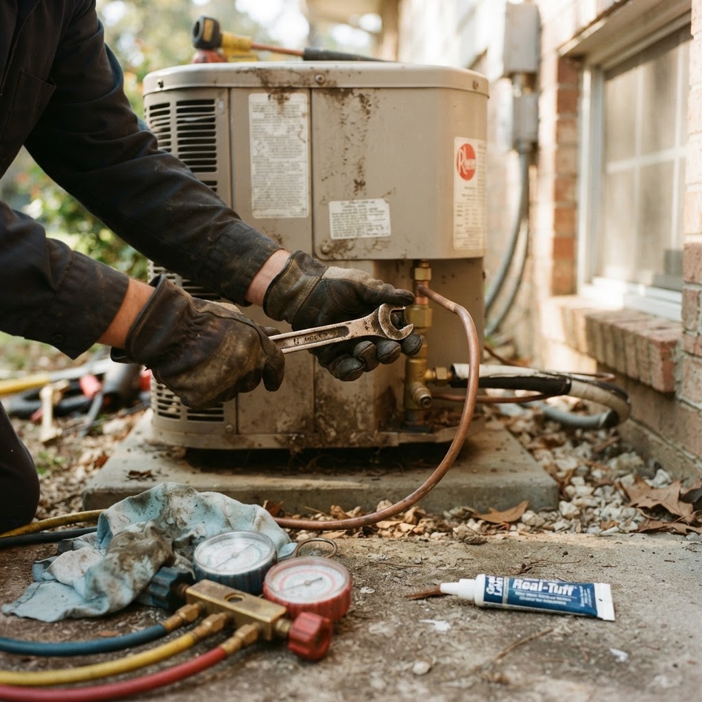 HVAC technician connecting a copper refrigerant line to an outdoor condenser service valve with a flare-nut wrench