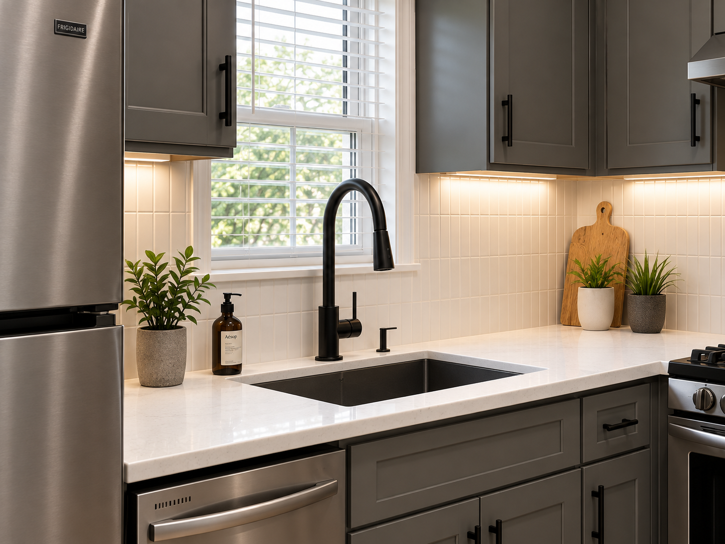 Quartz countertop replacement with undermount sink and matte black faucet in an Atlanta kitchen remodel