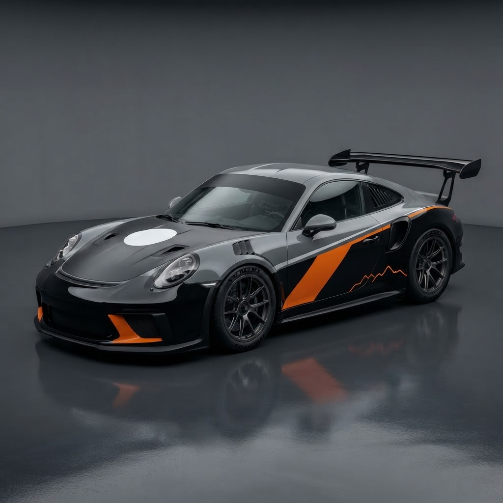 911 GT3 RS 992 Weissach Test Track Livery Wrap Kit — Grey, Black & Orange