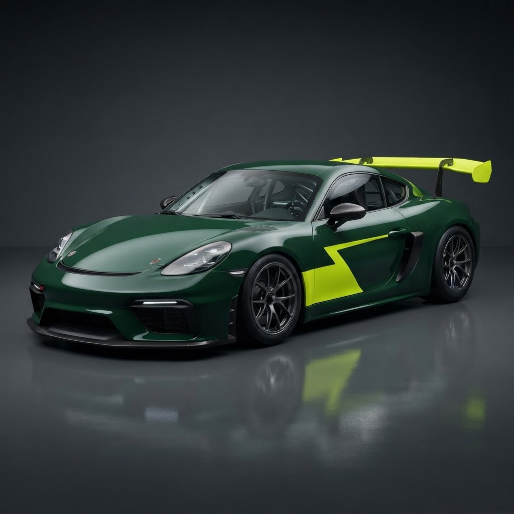 718 Cayman GT4 Cayman Hunter Tribute Livery Kit — Neon Yellow - Side View