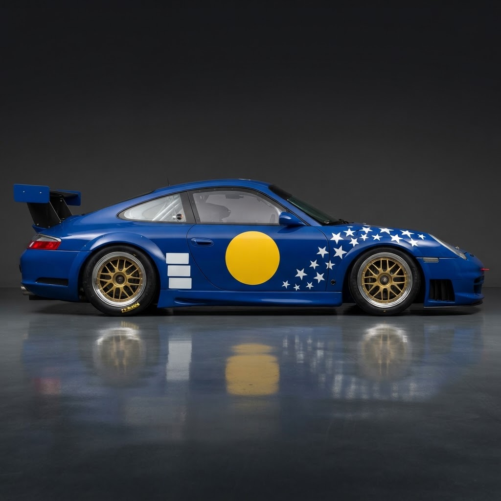 911 GT3 R 996 Daytona Flank Kit — Yellow Roundels, No.7 & Flowing Star Field - Side View