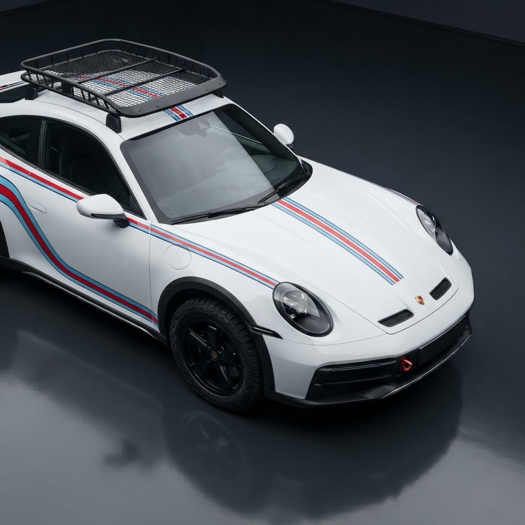911 Dakar 992 Martini Bonnet & Roof Stripe Kit — Blue and Red Pinstripe Pairs