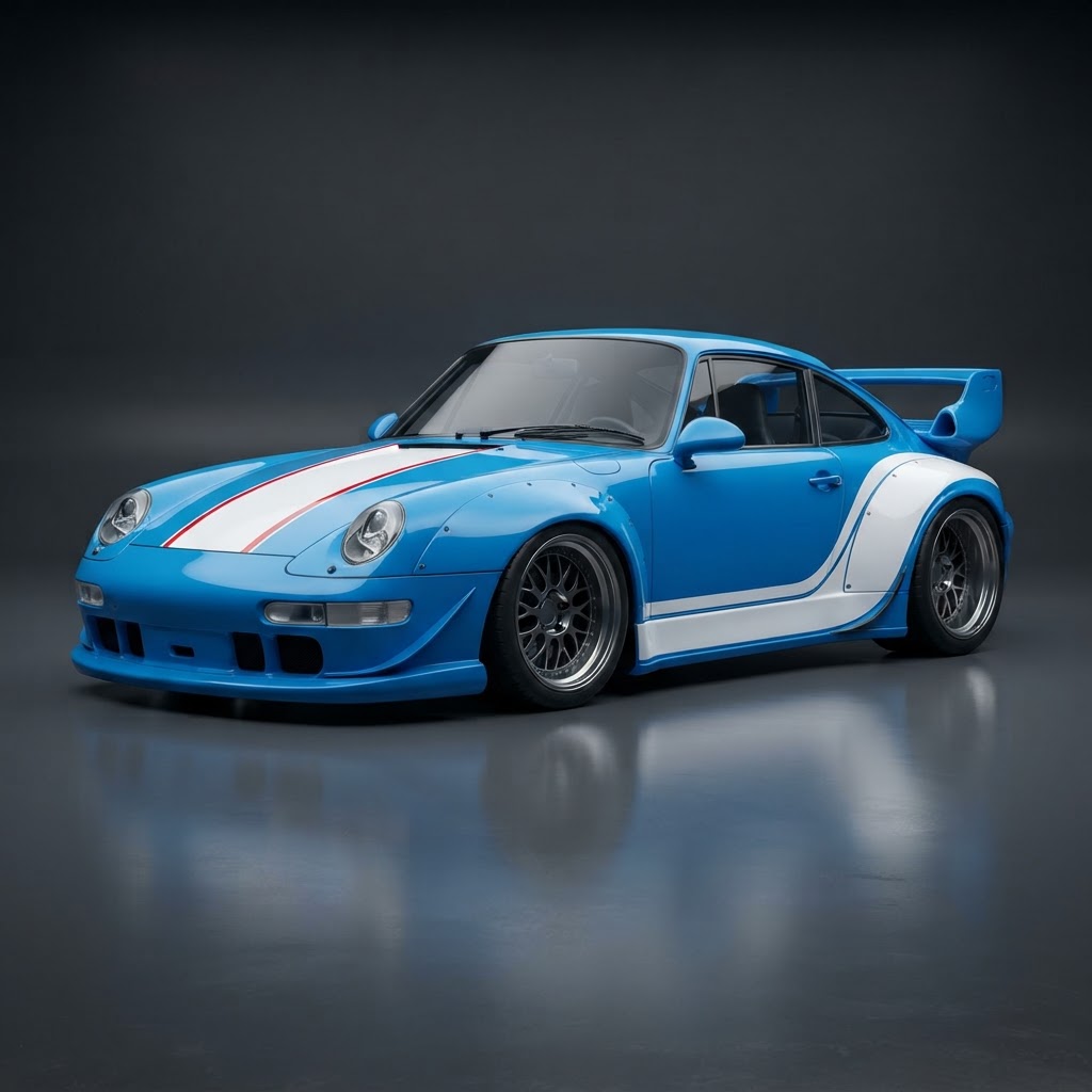 911 993 RWB x Liberty Walk Tribute Livery Wrap Kit — Blue & White - Side View