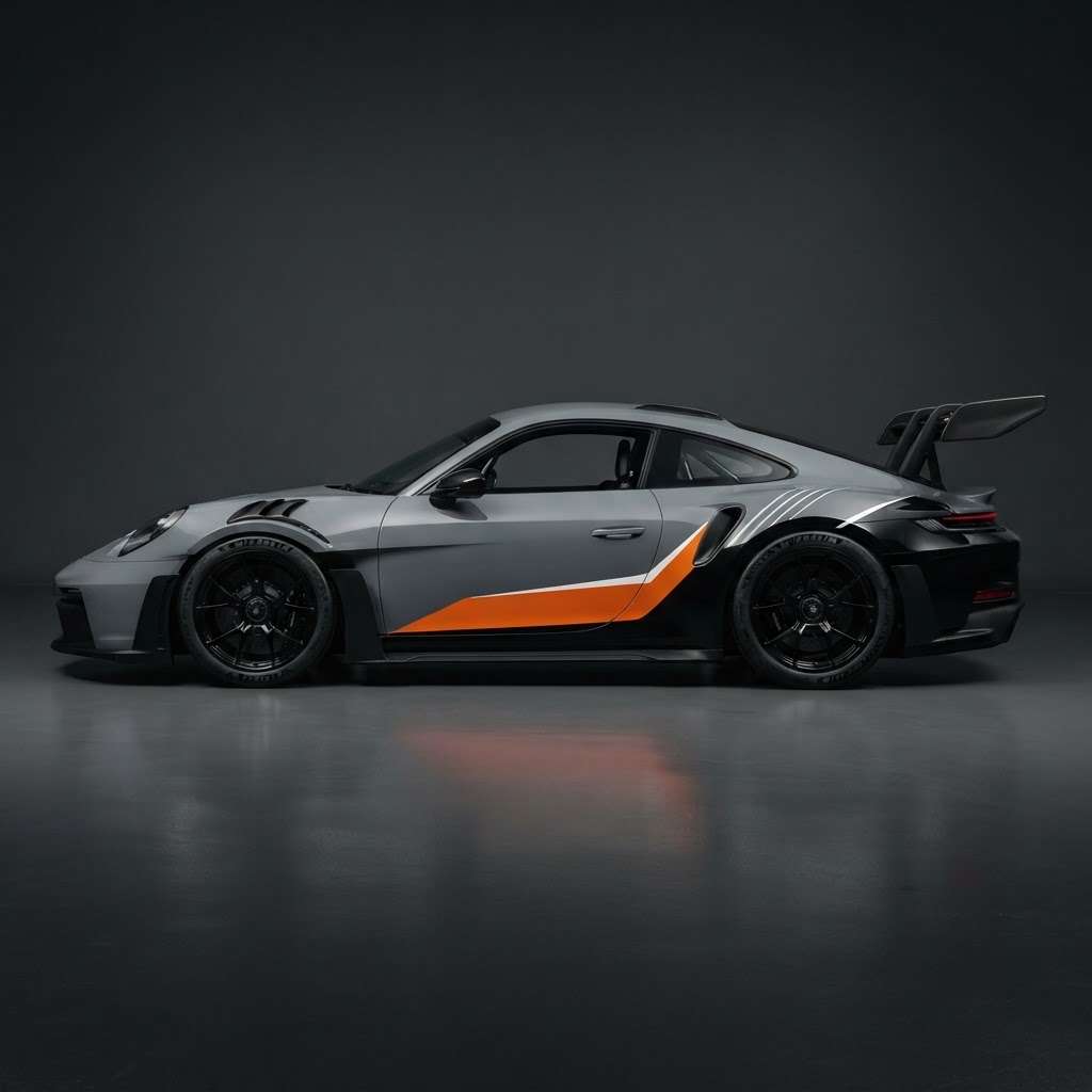 911 GT3 RS 992 Test Track Flank Kit — Black Door & Orange Wedge - Side View