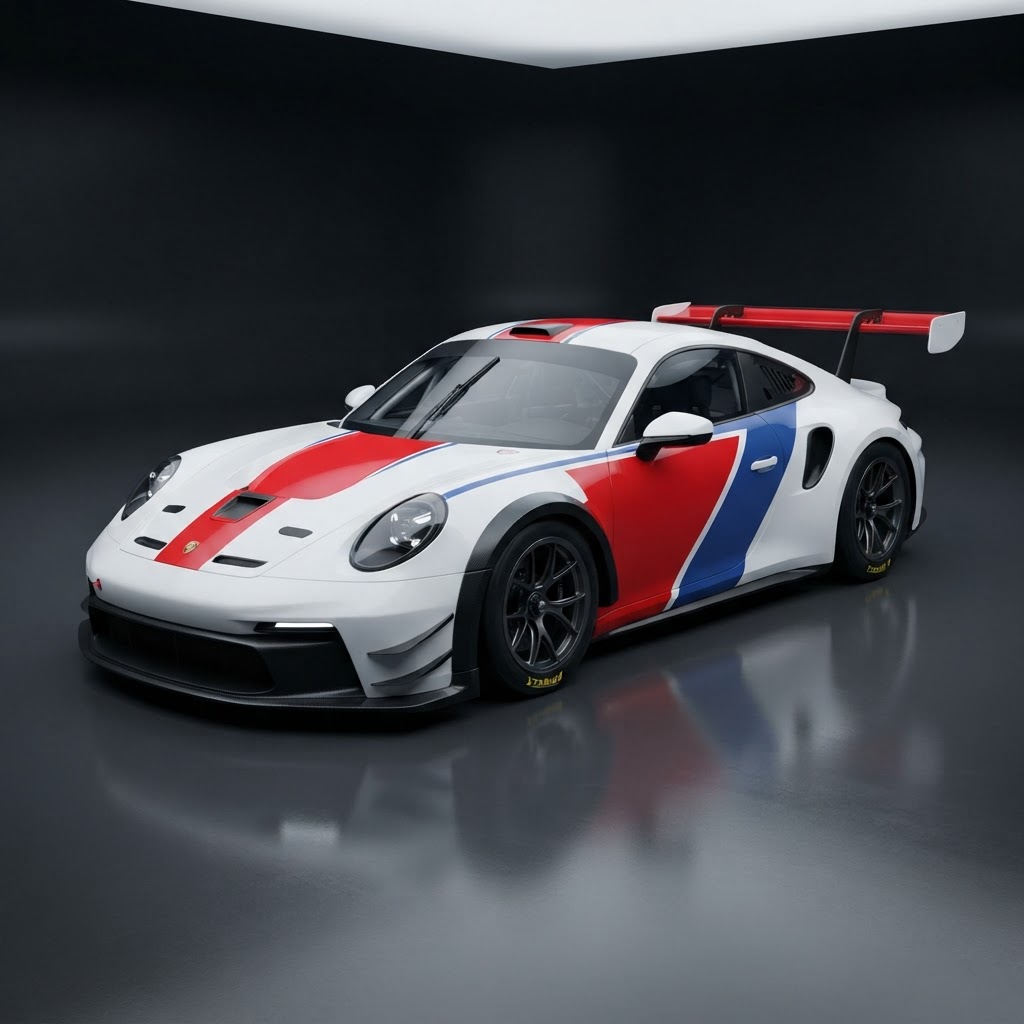 911 GT3 R 992 Rennsport Tribute Livery Wrap Kit — White, Blue & Red - Side View