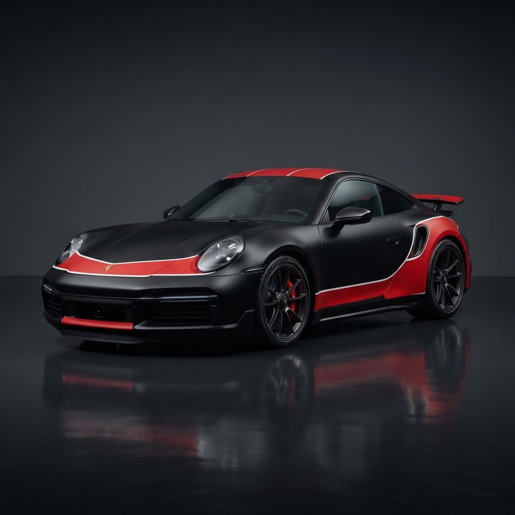 911 Turbo S 992 WEC Safety Car Livery Wrap Kit — Matte Black & Red with White Pinstripe