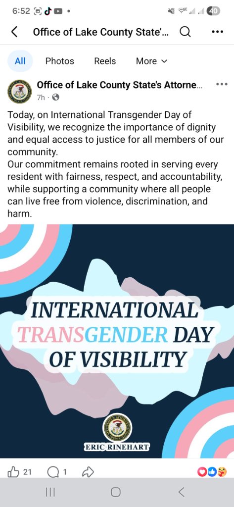 Lake County State's Attorney Eric Rinehart's office posting about International Transgender Day of Visibility on Facebook