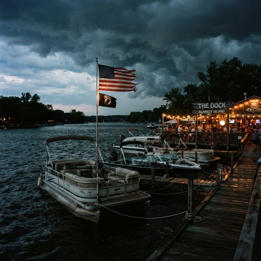 Boats and an American flag on the Chain O' Lakes at dusk near Antioch, Illinois