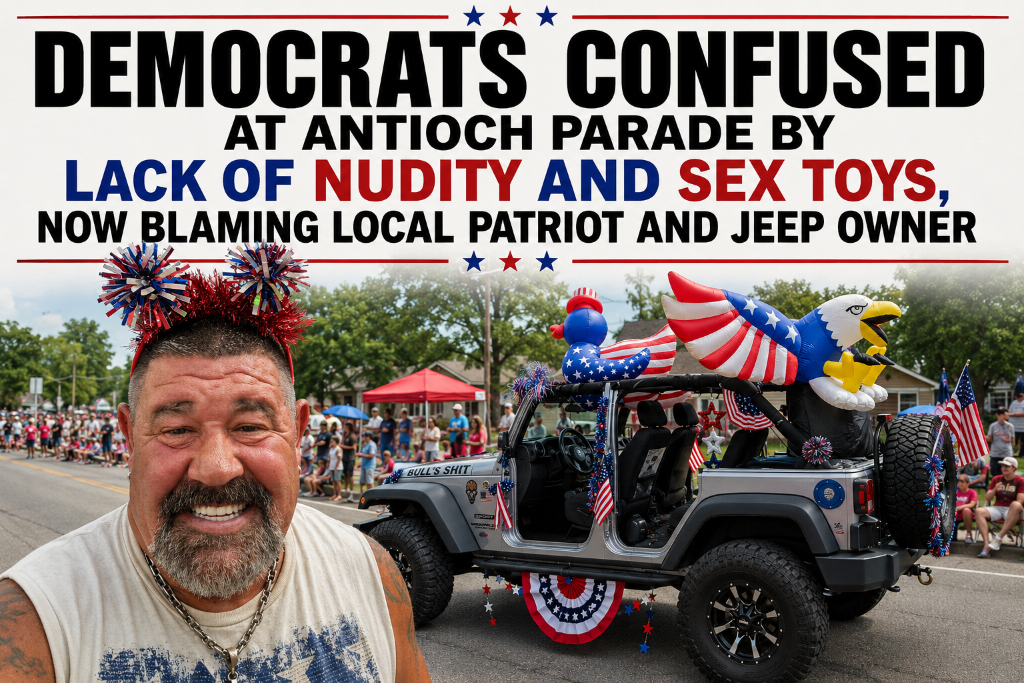 Democrats Confused at Antioch Parade by Lack of Nudity and Sex Toys — Bull and his patriotic Jeep at the Antioch Fourth of July parade
