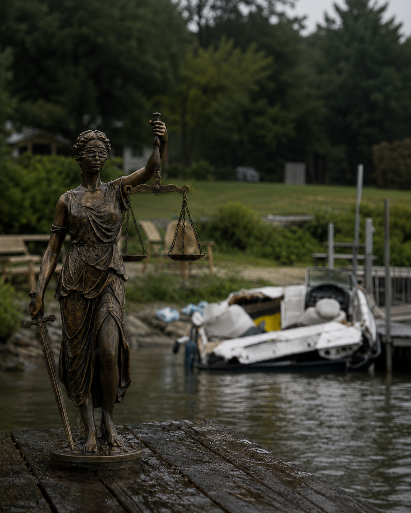 Lady Justice statue on a dock with a wrecked boat in the background - SAFE-T Act pretrial detention op-ed by Mickey X3