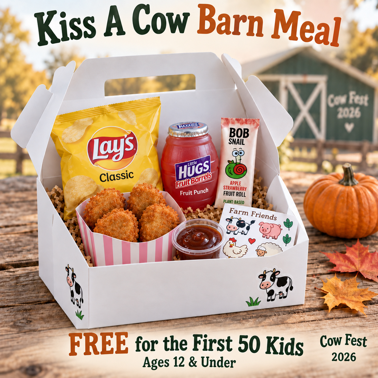 Kiss A Cow Barn Meal — a white lunch box with Impossible Chick'n Nuggets, chips, fruit barrel, fruit roll, and animal stickers, for kids ages 12 and under