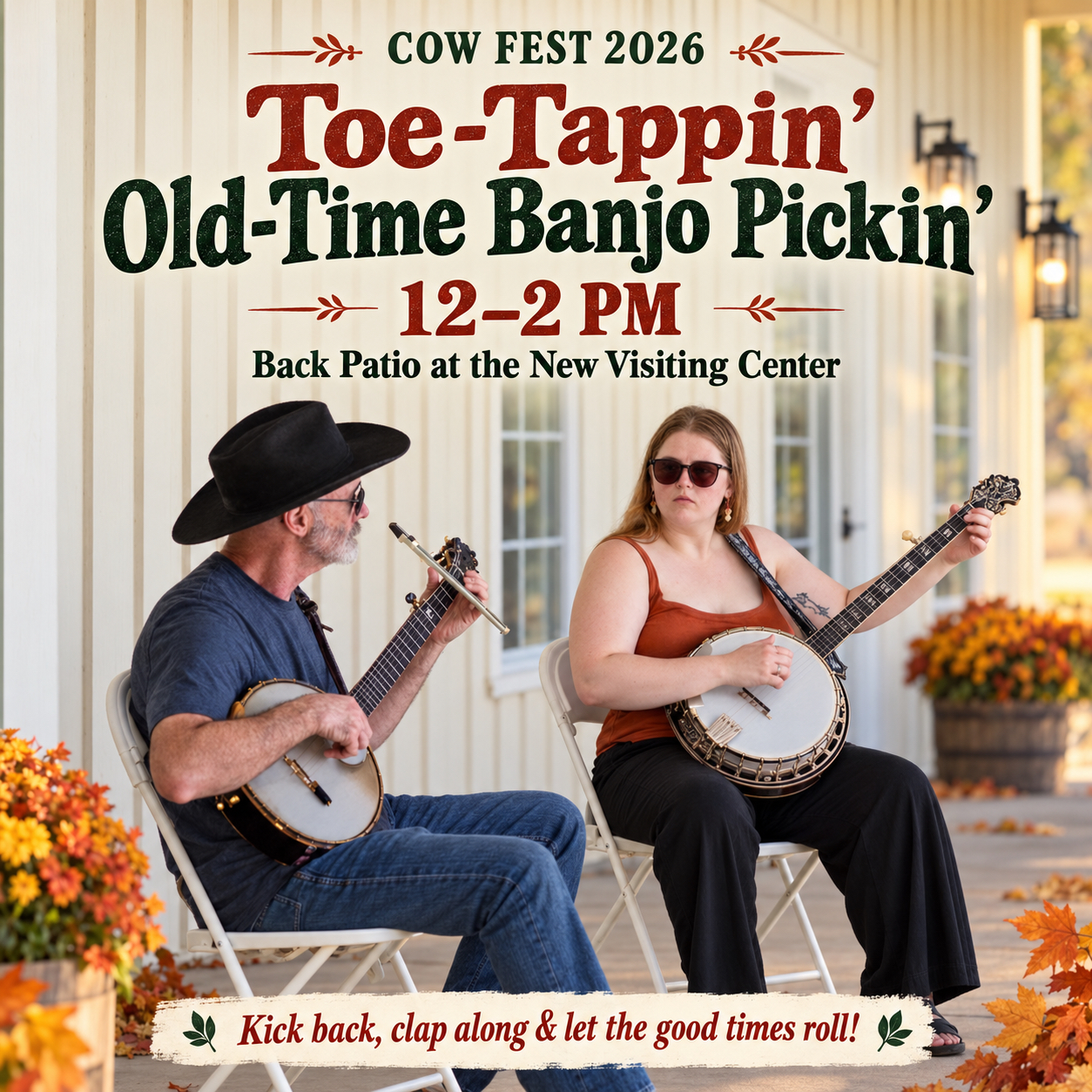 Toe-Tappin' Old-Time Banjo Pickin' — live banjo music at Cow Fest 2026, 12–2 PM on the back patio of the new visiting center