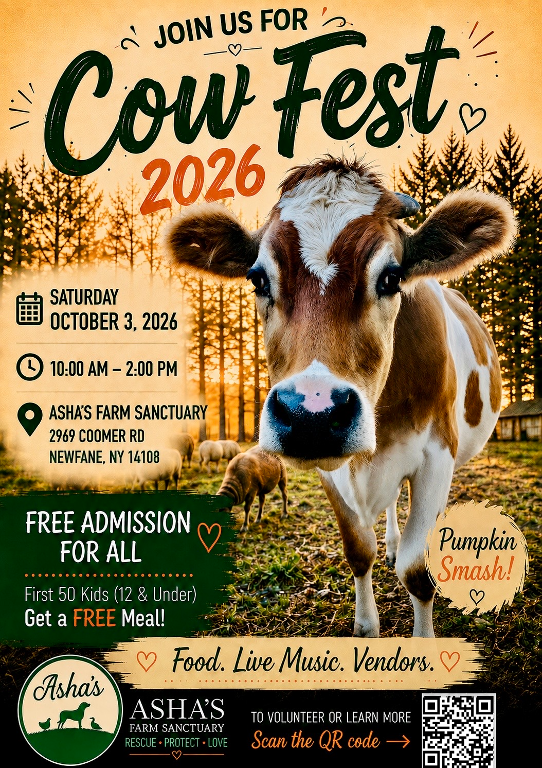 Cow Fest 2026 flyer featuring a cow at Asha's Farm Sanctuary
